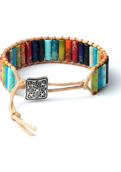7 Çakra Bohem Silindir Imparator Taş Bilezik Vintage Inek Derisi Halat Örme Bilezik Doğal Şifa Çok Renkli Metal Düğme Bilezikler Yeni (Yurt Dışından)