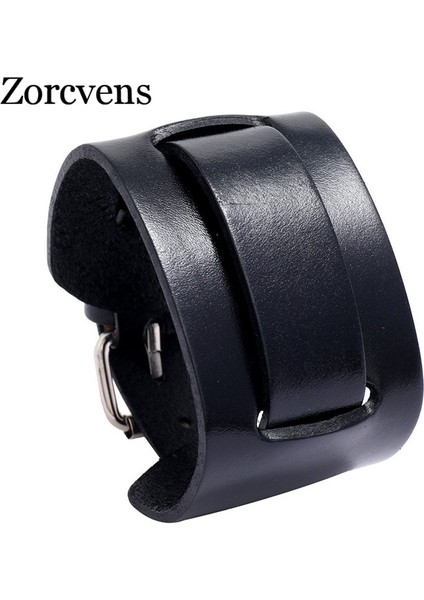 23CM Tarzı NO.82352 Beden Zorcvens Yeni Moda Punk Geniş Hakiki Deri Bilezik Siyah Kahverengi Kolluk Bilezikler ve Bileklikler Erkekler Için Retro Bilezik Takı (Yurt Dışından)