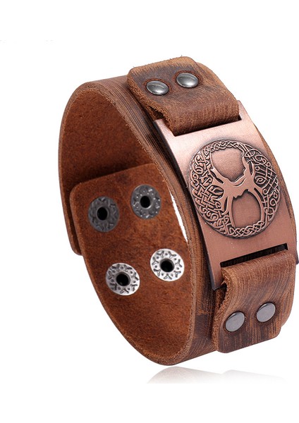 NO.83990 Beden Zorcvens Punk Vintage Pusula Bilezikleri Nordic Runlar Odin Sembolü Sarı Gerçek Deri Viking Bilezik Erkekler Için (Yurt Dışından)