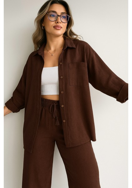 Kahverengi Keten Gömlek Alt Üst Takım
