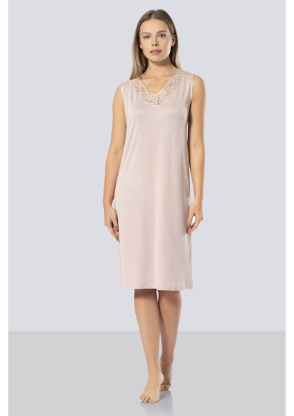 Kadın Dantelli V Yaka Gecelik 3285/PUDRA
