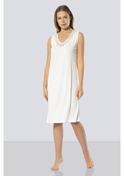 Kadın Dantelli V Yaka Gecelik 3285/EKRU
