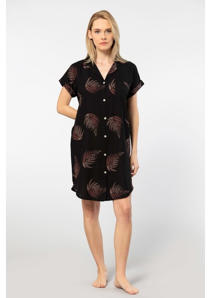 Kadın Desenli Dokuma Düğmeli Elbise 3601/SIYAH