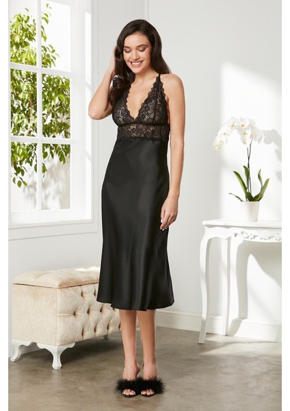 Saten Dantelli Gecelik 905 Siyah