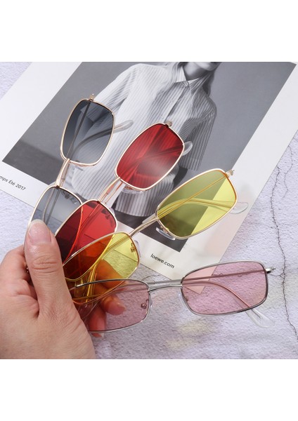 Altın-Kırmızı Claandy Renkli Dikdörtgen Retro Küçük Oval Leri Metal Çerçeve Kore Modası UV400 Ler (Yurt Dışından) modelleri