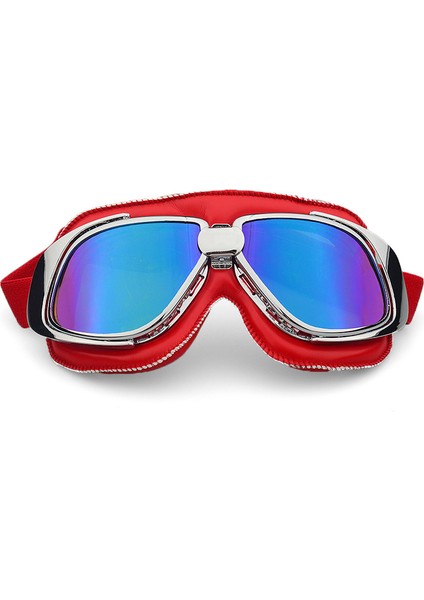 Mavi Lens Kırmızı Çerçeveli Motosiklet Gözlüğü Kask Motosiklet Gözlüğü Vintage Pilot Biker Deri Moto Bisiklet Atv (Yurt Dışından)