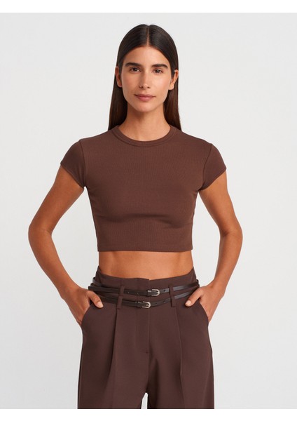 31810 Bisiklet Yaka Crop T-Shirt-Açık Kahve