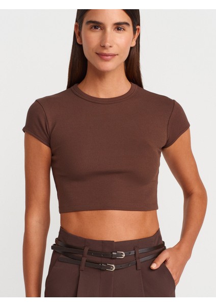 31810 Bisiklet Yaka Crop T-Shirt-Açık Kahve modelleri