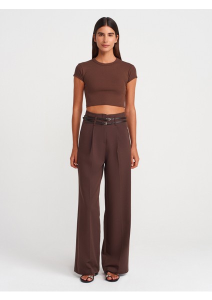 31810 Bisiklet Yaka Crop T-Shirt-Açık Kahve fırsatları