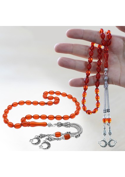 Kararmaz Metal Ayyıldız Püsküllü Arpa Kesim Amber Kırmızı Ateş Kehribar Tesbih