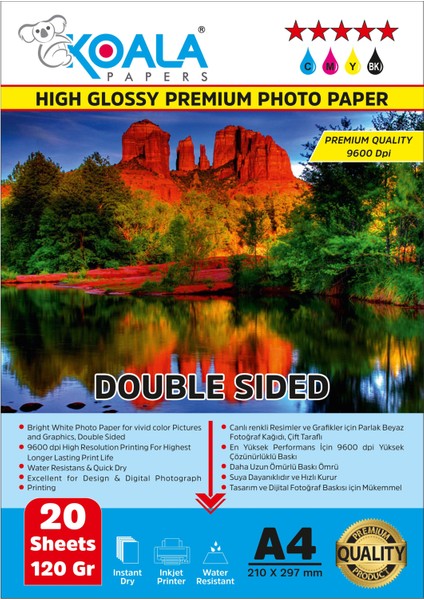 Epson 112 L15150 ile Uyumlu Premium Parlak Çift Taraflı Double Side A4 Fotoğraf Kağıdı 120 Gr. 20 Adet