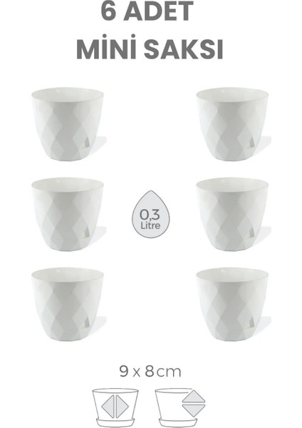 6 Adet Mini Saksı, Desenli Küçük Saksı Set Parlak Saksı Yuvarlak Dekoratif Saksılar 0,3 Litre 9 cm