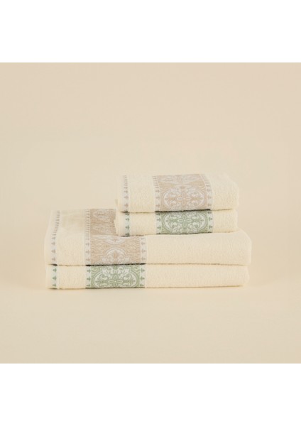 Cozy Bath Jakarlı Pamuk 4 Parça Hamam Seti Yeşil-Bej