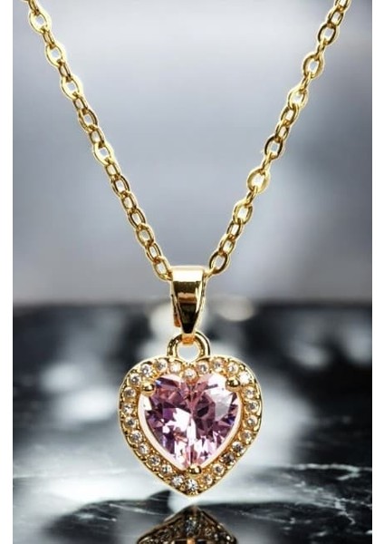 Kalpli Pembe Zirkon Taşlı Gold Paslanmaz Çelik Kolye