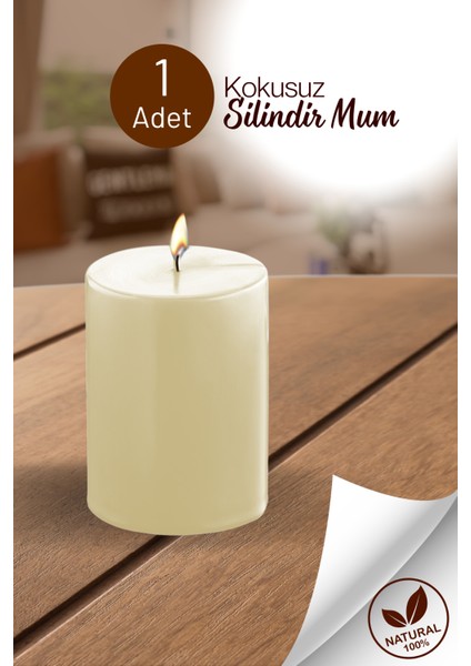 1 Adet Silindir Dekoratif Kokusuz Krem Mum- Hediyelik Blok Mum