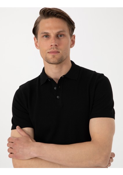 Erkek Siyah Slim Fit Polo Yaka Triko Tişört 50305976-VR046