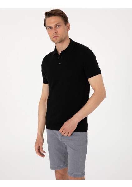 Erkek Siyah Slim Fit Polo Yaka Triko Tişört 50305976-VR046