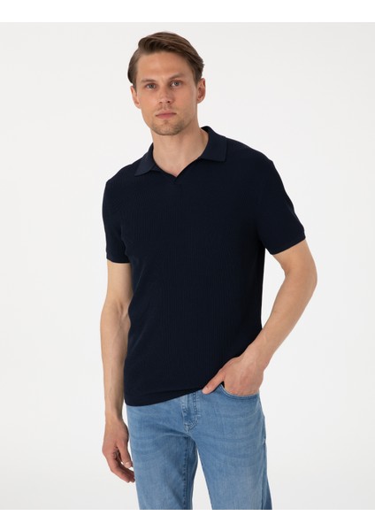 Erkek Lacivert Slim Fit Polo Yaka Triko Tişört 50306123-VR033