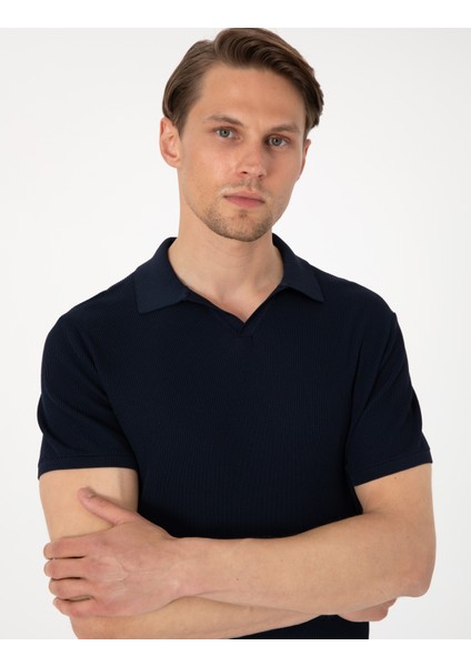 Erkek Lacivert Slim Fit Polo Yaka Triko Tişört 50306123-VR033