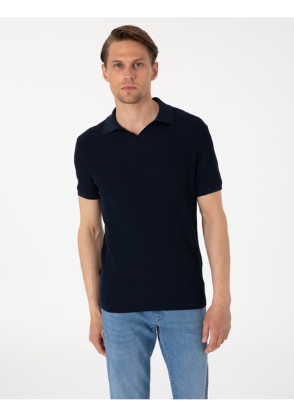 Erkek Lacivert Slim Fit Polo Yaka Triko Tişört 50306123-VR033