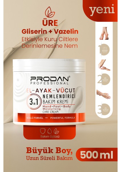 El, Ayak & Vücut Nemlendirme Kremi 3'ü 1 Arada Üre Destekli, Yoğun Yenileme ve Koruyucu 500 ml
