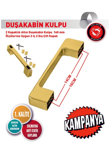 2 Kapaklık Altın Duşakabin Kulpu 140 mm ve 160 mm Ölçülerine Uygun 2 Iç 2 Dış Çift Kapak