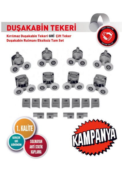 Kırılmaz Duşakabin Tekeri Gri Çift Teker Duşakabin Rulmanı Eksiksiz Tam Set
