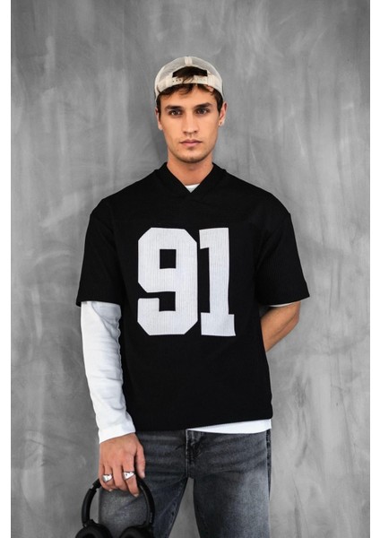 Erkek Oversize Baskılı V Yaka Forma T-Shirt Siyah