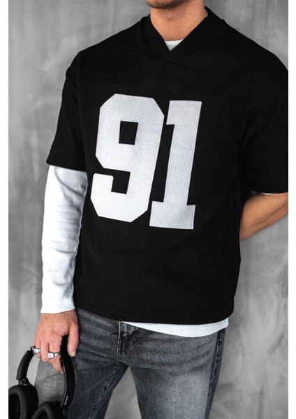 Erkek Oversize Baskılı V Yaka Forma T-Shirt Siyah fiyatları