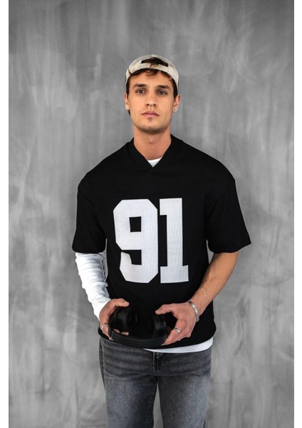 Erkek Oversize Baskılı V Yaka Forma T-Shirt Siyah modelleri