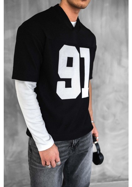 Erkek Oversize Baskılı V Yaka Forma T-Shirt Siyah fırsatları