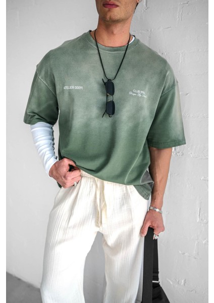Erkek Renk Geçişli Baskılı Oversize Yıkamalı T-Shirt Yeşil fiyatları