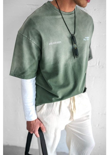 Erkek Renk Geçişli Baskılı Oversize Yıkamalı T-Shirt Yeşil modelleri