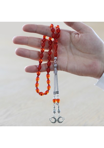 Kararmaz Metal Ayyıldız Püsküllü Arpa Kesim Amber Kırmızı Ateş Kehribar Tesbih fiyatları