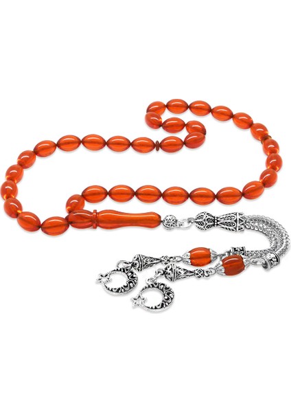 Kararmaz Metal Ayyıldız Püsküllü Arpa Kesim Amber Kırmızı Ateş Kehribar Tesbih