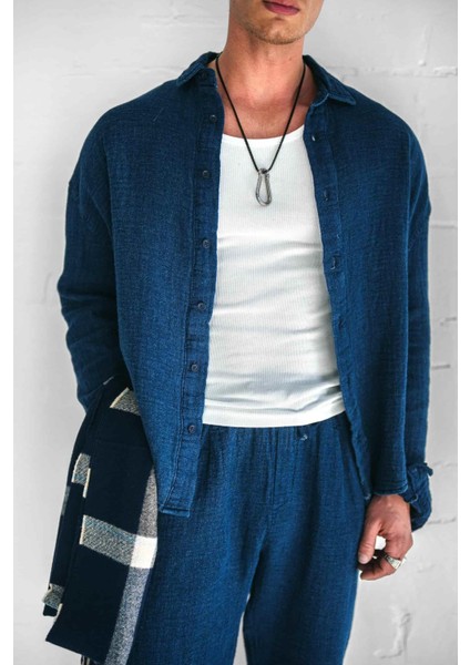 Erkek Oversize Keten Görünümlü Gömlek Indigo