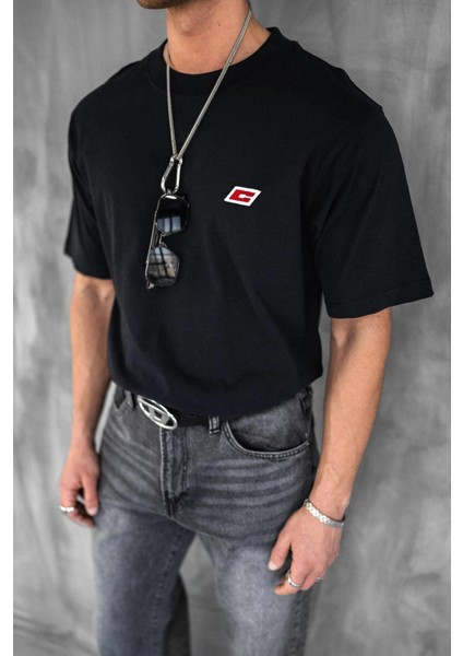 Erkek Oversize Nakışlı T-Shirt Siyah