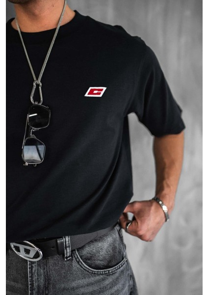 Erkek Oversize Nakışlı T-Shirt Siyah