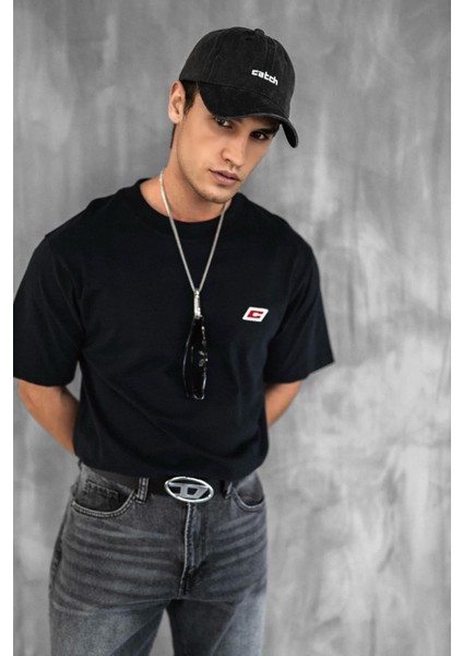 Erkek Oversize Nakışlı T-Shirt Siyah