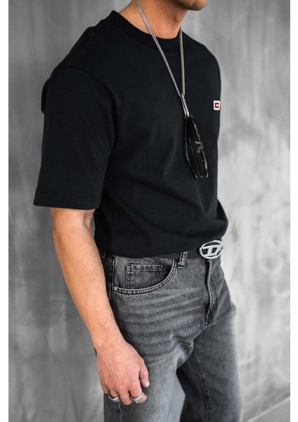 Erkek Oversize Nakışlı T-Shirt Siyah