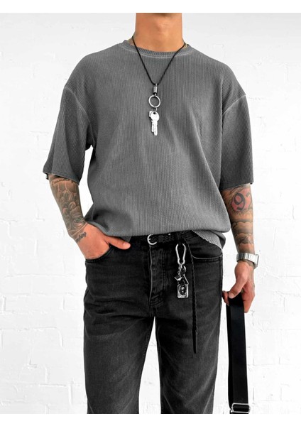Erkek Yıkamalı Fitilli Oversize T-Shirt Siyah