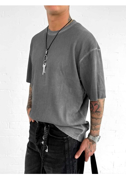 Erkek Yıkamalı Fitilli Oversize T-Shirt Siyah fiyatları