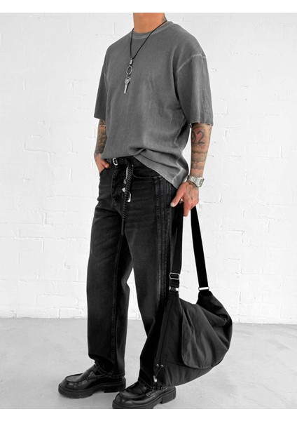 Erkek Yıkamalı Fitilli Oversize T-Shirt Siyah modelleri