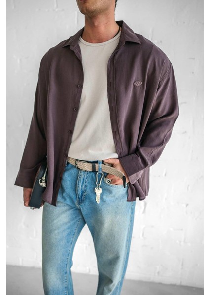 Erkek Uzun Kollu Rahat Kesim Oversize Ince Gömlek Kahverengi