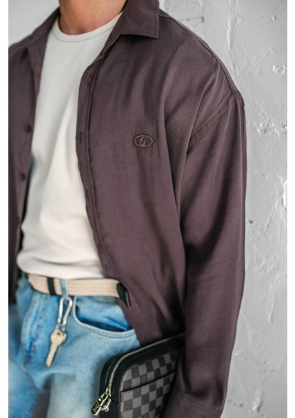 Erkek Uzun Kollu Rahat Kesim Oversize Ince Gömlek Kahverengi modelleri