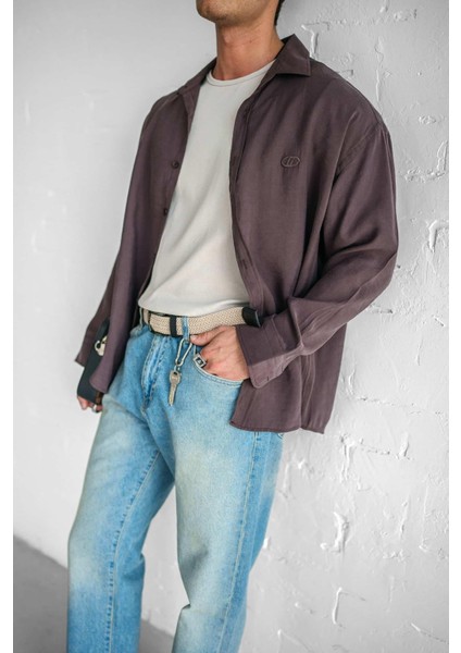 Erkek Uzun Kollu Rahat Kesim Oversize Ince Gömlek Kahverengi fırsatları