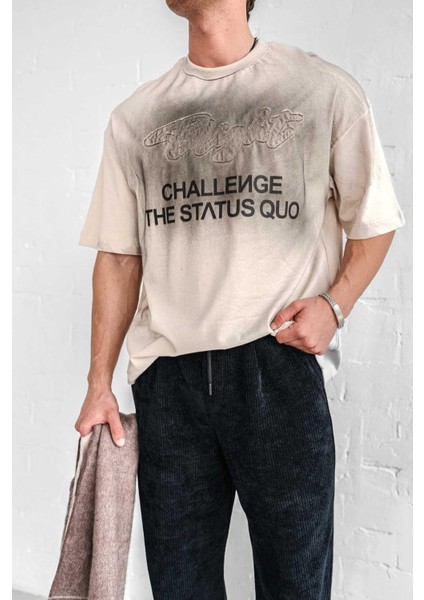 Erkek Oversize Baskılı Yıkamalı T-Shirt Taş Rengi