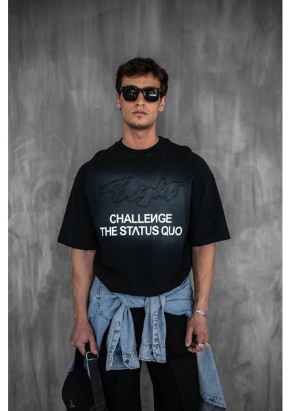 Erkek Oversize Baskılı Yıkamalı T-Shirt Siyah