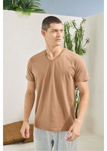 Erkek Bej %100 Pamuk V Yaka T-Shirt