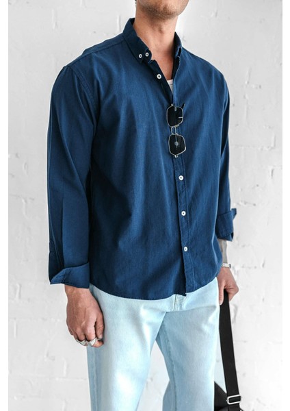 Erkek Relax Fit Rahat Kesim Ince Gömlek Lacivert